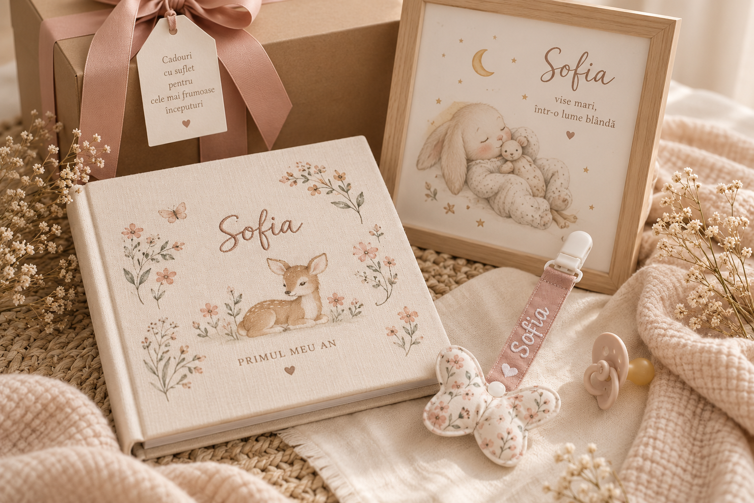 Cadou personalizat pentru bebe cu album tablou și accesoriu suzetă Mezin Atelier